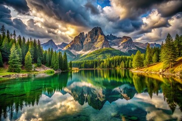 Obraz premium Stunning Dolomites Mountain Lake with Dramatic Cloudy Skies - Perfect for Nature Lovers and Landscape Photography