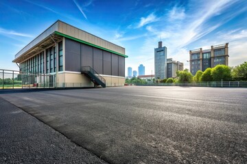 Obraz premium Forced perspective asphalt court with dump yard and single building