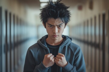 Teenager standing in hallway with intense expression wearing sweatshirt and clenched fists
