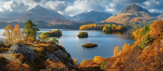 Obraz premium Panoramic view of a lake with mountains in the background and autumn trees in the foreground.
