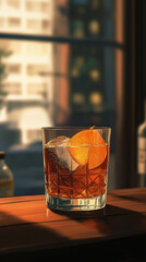 Hand-Drawn Godfather Cocktail with Whiskey and Orange Peel in Crystal Glass – Vibrant Anime Art
