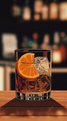 Classic Godfather Whiskey Cocktail in Anime-Style Glass – Illustrated Drink with Ice and Orange