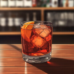 Classic Godfather Cocktail with Ice in Anime-Style Crystal Glass - Elegant Bar Illustration