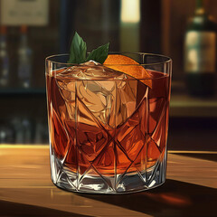 Godfather Cocktail in Crystal Glass with Ice - Cartoon-Style Anime Illustration