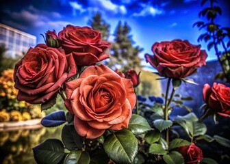 Fototapeta premium Stunning Double Exposure of Blooming Red Roses in a Vibrant Rose Garden
