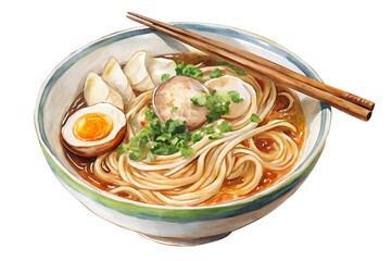 Watercolor hand drawn ramen noodles on a white background