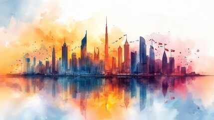 a vibrant watercolor scene depicting the skyline of a modern city with flags and festive elements celebrating saudi arabias national day flowing colors and dynamic composition