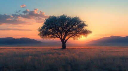 Fototapeta premium Lonely Tree at Desert Sunset, a solitary tree stands against a vast desert landscape, bathed in warm sunset hues, minimal clouds enhance solitude.