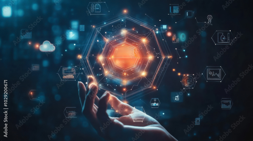 Poster a hand reaches out towards glowing digital icons representing data security and technology in a futu