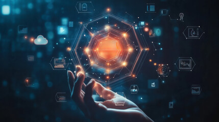 A hand reaches out towards glowing digital icons representing data security and technology in a futuristic setting