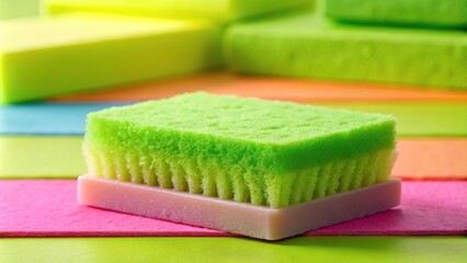 Forced perspective composition of green scrub brush on pink soap bar stacked on sponges on lime green background