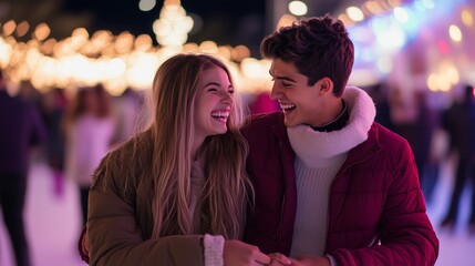 Fototapeta premium Young couple enjoying a winter festival, laughing and sharing a moment among festive lights at night