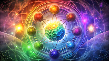 Obraz premium Colorful abstract representation of energy fields and chakras with vibrant cosmic background 