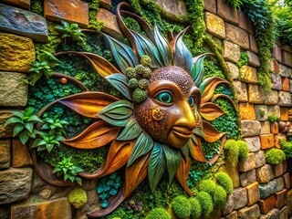 Obraz premium Artistic Metal Sculpture Surrounded by Lush Greenery on a Stone Wall