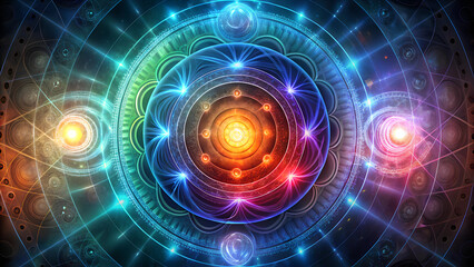 Obraz premium Colorful mystical mandala with glowing patterns and energy orbs