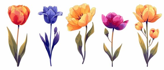 Colorful Floral Illustration of Tulips and Blossoms