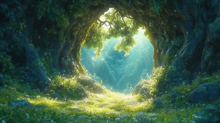 a whimsical cave landscape unfolds filled with lush greenery and cartoonrealistic characters inviting children into a fantastical world that promotes environmental awareness and adventure