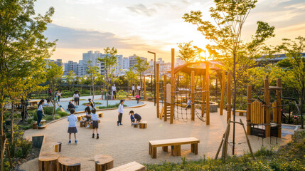 Children play on swings and slides while families gather on benches, enjoying a vibrant sunset over the city skyline in a serene park atmosphere.