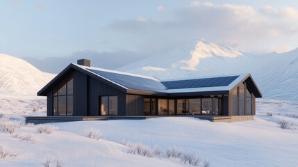 Modern Lodge with Solar Panels in Snowy Mountain Landscape