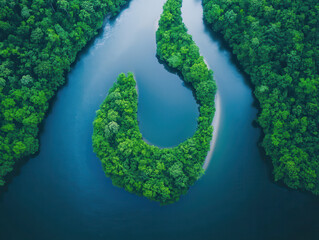 Lush green island surrounded by winding river, showcasing natures beauty