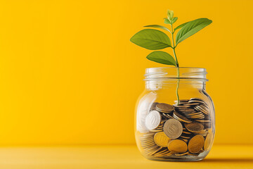 Plant Growing From Coins In Glass Jar On Yellow Background