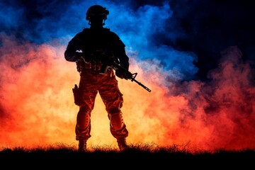 Naklejka premium Soldier in Battle Gear Amidst War Smoke