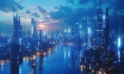 Fototapeta premium High-tech futuristic city skyline, 4K hyperrealistic photo