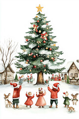 christmas tree in a little village at christmas eve surrounded by happy families and woodland animals,