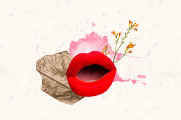 Creative collage picture woman face fragment mouth plump lips pomade lipstick cosmetology blossom...