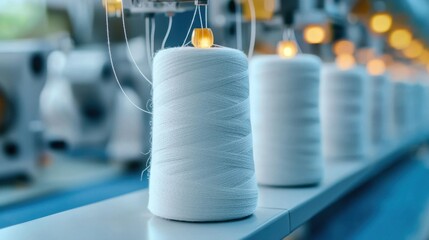 Spools of white thread on a production line in a textile factory 