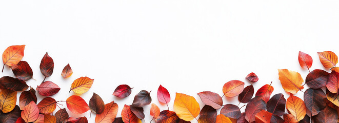 Autumn border made of colorful autumn leaves on a white background with copy space, a wide banner template for fall season promotion ads or advertising text message cards.