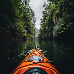 Fototapeta premium peaceful kayaking experience on scenic river surrounded by lush greenery