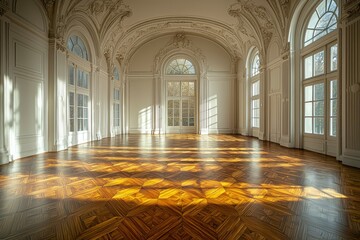 Obraz premium Sunbeams Illuminate a Spacious, Ornate Room with Hardwood Flooring