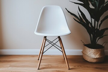 Fototapeta premium White Plastic Chair with Wooden Legs and a Woven Basket