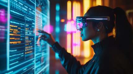 A woman wearing futuristic augmented reality glasses examines glowing data panels in a modern tech workspace