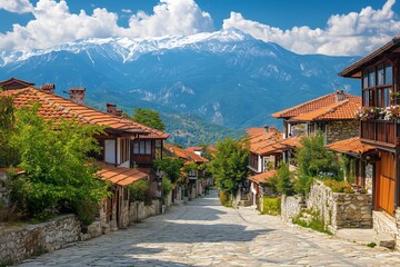 Obraz premium A picturesque view of a traditional mountain village featuring stone-built houses with vibrant red tiled roofs, nestled under the backdrop of snow-capped mountains and a bright blue sky.