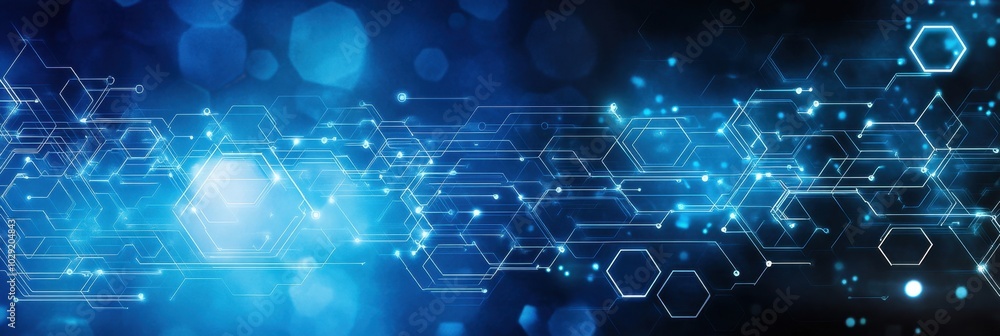 Aufkleber blue technology background with white digital circuit lines and hexagons on a dark blue banner, a fu