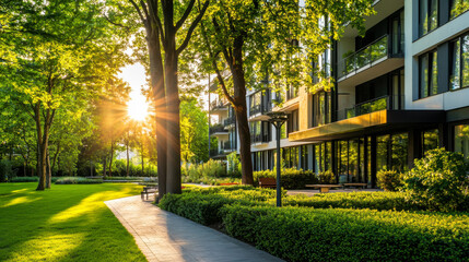 Obraz premium Sunlight beams through trees near modern building, highlighting green garden landscape during early evening in a tranquil setting