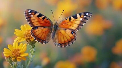 Obraz premium Orange Butterfly on Yellow Flowers