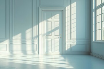 Fototapeta premium White Room with a Closed Door, Window, and Sunlight Streaming Through
