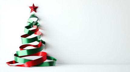 A Christmas tree represented with green and red ribbons, abstract and simple, minimalistic, white