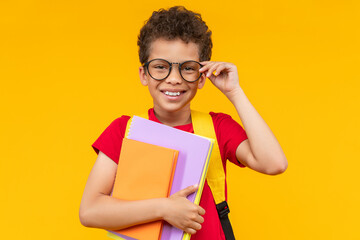 Close up portrait of happy smiling confident African American schoolkid posing in studio with a...