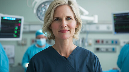 Female surgeon in operating room, confident, professional, empowered healthcare worker, modern hospital environment