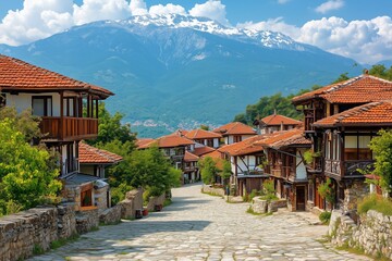 Obraz premium A picturesque view of a traditional mountain village featuring stone-built houses with vibrant red tiled roofs, nestled under the backdrop of snow-capped mountains and a bright blue sky.