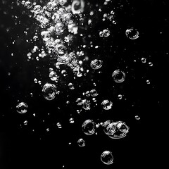 Background featuring air bubbles in water, illustrating abstract oxygen bubbles in the sea, isolated against a black background in black and white tones, generative ai