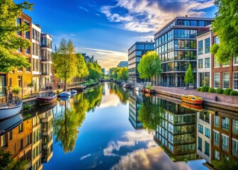 Fototapeta premium Bajeskwartier Urban District and Weespertrekvaart Canal in Amsterdam - Scenic Landscape Photography