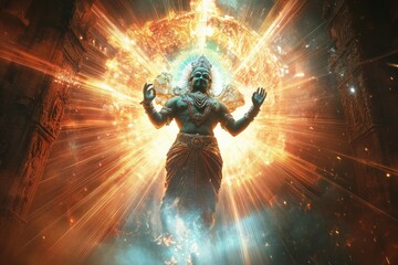 A cosmic digital portrayal of Lord Vishnu avatar, Narasimha, emerging from a pillar, with glowing light and energy beams, creating a sense of divine power and protection