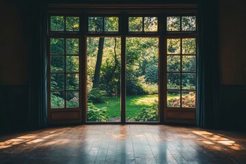 Fototapeta premium Sunlit Wooden Floor with Open French Doors Leading to a Lush Garden