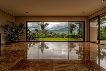 Reflective Interior with View of Lush Green Landscape and Mountain Range