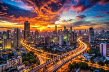 Fototapeta premium Bangkok Skyline at Sunset: Urban Highway Traffic and Cityscape Motion Photography